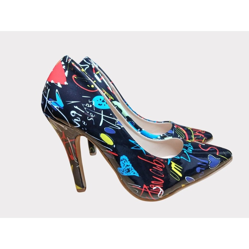 Graffiti Print Black Multicolor Stiletto High Heels Womens Size 8 Shoes Rock